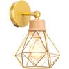iDEGU Lampada da Parete Interno 16CM Applique da Parete Vintage in Legno Metallo Design Gabbia E27 Illuminazione da Soffitto Orientabile Lampada a Muro per Cameretta Soggiorno (Legno, Dorato)