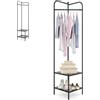 HOMASIS Appendiabiti Angolare in Metallo, Porta Abiti 3 in 1 con Bastone, Scaffale Porta Scarpe e Ripiani, Guardaroba da Terra ad Angolo per Ingresso, Soggiorno, Camera da Letto (Nero)