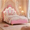 BRILVERDE Letto 90x200 con testiera Imbottita con LED, Struttura con Rete a Doghe, Letto Design a Tema Principessa per Ragazze, Bambine e Adolescenti, PU (Rosa, 90 x 200 cm)