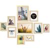 PHOTOLINI Set di 10 cornici legno MDF naturale, cornici larghe, moderne, plexiglass infrangibile, da tavolo o da parete, accessori extra - per una parete dal look raffinato