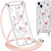 Krdvekm Cordino Cover per iPhone 15 Plus 6,7'', Aesthetic Fiori Motivo Disegno Magnetica Trasparente PC Compatibile con MagSafe Case Corda Laccio Antiurto Protettiva Custodia per Ragazze, Rosa