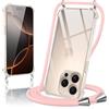 Micnkifo Cover con Cordino per iPhone 16 Pro, Trasparente Silicone Sottile Morbido Custodia con Regolabile Collana Laccio Tracolla, Antigraffio Antiurto Proteggere Case con Corda, Rosa