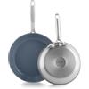 GreenPan Treviso Set di 2 Padelle in Acciaio Inox con Rivestimento Ceramico Antiaderente Sano, 24 cm e 28 cm, senza PFAS, Induzione, Forno e Lavastoviglie, Argento