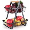 Relaxdays Etagere per Frutta, 2 Livelli, Metallo, Manico in Legno, HxLxP: 34 x 26 x 17 cm, fruttiera Nera