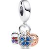 PANDORA Pendente Moments a forma di cuore con farfalla in argento Sterling e placcato in oro rosa 14 k con cristallo multicolore, zirconia cubica rosa e trasparente, smalto blu
