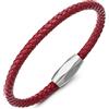COOLSTEELANDBEYOND Sottile Rosso Pelle Intrecciata Braccialetto da Uomo Donna, Bracciale Fascia di Polso, Acciaio Ovale Chiusura Magnetica