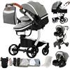 MoLi Pelle PU Passeggino Trio, Passeggino 3 in 1 con Doppia Modalità Push Reversibile, Trio Passeggini Neonati con Grande Navicella, Carrozzina per Neonati in Alluminio Pieghevole (L518 Grey)