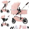 Shineey Passeggino trio,Carrellino per Bebè città 22kg con sedili,Passeggino pieghevole con vista alta,Buggy combinato pneumatici in gomma e vagone per bebè in alluminio (H9PINK, H9)
