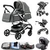 YAZOCO Passeggino 3 in 1 Carrozzina Multifunzionale Carrozzina Ovetto Pieghevole Set Passeggino Neonato Sedili Parapiedi Zanzariere Vista Dall'Alto (3 Grigio)