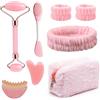 TaimeiMao 8 Pezzi Gua Sha Viso Kit, Guasha Viso Quarzo Rosa, Rullo Massaggio Viso, Pietra Gua Sha, Spazzola Detergente, Fascia, Borsa Cosmetica Rosa, Massaggiatore Viso, Regali Per Le Donne