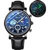 FANMIS Orologio analogico classico multifunzionale militare sportivo uomo d'affari impermeabile cronografo cielo stellato fase lunare orologio in pelle, Nero, Orologio alla moda