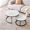 BenyLed Set di 2 Tavolini da Salotto Rotondi; Tavolino da Caffè con Piano in Ceramica Stone; Tavolini Sovrapponibili per Soggiorno,Camera da Letto,Balcone,Ufficio (Bianco/Nero) 80*80*45+60*60*35cm
