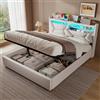 ZUUYEE Letto Matrimoniale con Contenitore 140x200 cm, Letti Matrimoniali con LED, USB e Type-C, Letto Contenitore Idraulico, Letti Matrimoniali con Doghe, Lino, Beige, Senza Materasso
