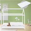 ML DESIGN modern living ML-Design Letto a Casetta per Bambini 80 x 160 cm Bianco, in Legno di Pino, Forma di Casa con Tetto e Rete a Doghe, Lettino a Terra Montessori con Materasso in Schiuma Fredda per Cameretta