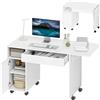 HOMCOM Scrivania per computer su rotelle con piano pieghevole, 130 x 58 cm, tavolo per computer, cassetto, armadio, scomparto e ripiano regolabile, postazione di lavoro per piccoli spazi, soggiorno,