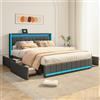 BSMGSGN Letto Matrimoniale Imbottito da 160x200 cm con 4 Cassetti di Archiviazione e Stazione di Ricarica USB, Illuminazione LED, Struttura Letto Matrimoniale con Sommier e Testiera (Grigio Scuro-A