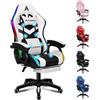ALFORDSON Sedia Gaming Massaggiante e Luci LED,Poltrona Scrivania con Poggiapiedi,Sedia Gamer Ergonomica per Ufficio Domestico,Schienale Regolabile 90-150°,Portata 180KG, Similpelle(Bianca)