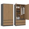 CDF Armadio Camera da Letto 90 cm Larghezza - con 2 Ante e 2 Cassetti Armadio Ingresso Due Ante Guardaroba Salvaspazio Appendiabiti con Porta Mobile per Cameretta dei Bambini Rovere Artisan/Antracite