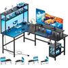 HLFURNIEU Scrivania Angolare con LED, 150 x 100 cm Scrivania Gaming a L con Prese di Corrent e Porta USB, Tavolo Angolo Salvaspazio con Libreria, Scrivania per Computer con Supporto per Monitor, Nero
