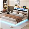 Gelukueub Letto imbottito 160 x 200 cm, con presa USB e luce LED, testiera reversibile, pediera nascosta, letto per ragazzi, letto per adulti, tessuto di lino beige (160 x 200 cm)