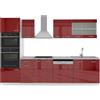 Vicco Cucina componibile R-Line, Rosso lucido, 300 cm con armadio alto, PL Marmo, con moduli disposti in modo variabile e piedini regolabili in altezza