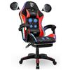 IBK Sedia da Gaming professionale, similpelle, massaggiante, supporto lombare, Led RGB, casse bluetooth, regolabile in altezza, schienale reclinabile, pistone a gas classe 3, Ufficio PC (Rosso)