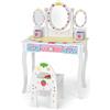 COSTWAY Toeletta Trucco 2 in 1 per Bambina, Specchiera Staccabile per Ragazza in Legno con Sgabello, 2 Portapenni e 3 Cassetti, Postazione Trucco per Cameretta, 3 Anni, 70 x 34 x 105cm (Bianco)