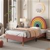 Rtopsu letto imbottito letto singolo 90x200 cm, letti per bambini con testata arcobaleno, letti per ragazzi con rete a doghe in legno, testata regolabile in altezza, velluto, rosa, senza materasso