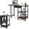 GYMAX Scrivania Pieghevole 2 in 1, Tavolo Porta Computer, Scrivania Mobile con 6 Ruote Universali e 2 Mensole, Struttura Resistente in Legno e Ferro, 107,5x54x77 cm, Nero
