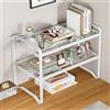Dreamhousey Libreria da scrivania a 2 ripiani in ferro, per casa e ufficio, in metallo, scaffale per libri, espositore da bancone, piccola cucina multifunzionale (bianco)