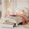 QMTXBYJ Letto per bambini imbottito 90 x 200 cm, letto singolo a LED per ragazza con cassetti, telaio letto con testiera a LED a forma di fiore e rete a doghe, letto da bambina in velluto con schienale, senza