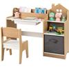 COSTWAY Set Scrivania e Sedia per Bambini 3-12 Anni, Tavolo e Sedia in Legno Salvaspazio con Cassetto in Plastica e Cassetto in Tessuto, Banco Scuola e Seggiola per Cameretta (Naturale)