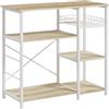 HOMCOM Scaffale da Cucina per Microonde, Mobile Cucina 4 Ripiani con Ganci e Cestino a Rete, Legno e Acciaio, 90x40x84.5cm, Quercia e Bianco