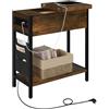 EUGAD Tavolino da Salotto con Area di Ricarico, Tavolino da Divano Laterale, Comodino con Piano Ribaltabile, Scatola in Tessuto, 2 Prese e 2 Porta USB, Rovere Vintage