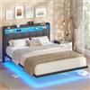 AOGLLATI Letto Matrimoniale 140x190 cm con Effetto Visivo Levitante, Struttura Letto con LED e Stazione di Ricarica, Letto con Testiera Imbottita e Struttura in Metallo, Senza Materasso, Grigio Scuro