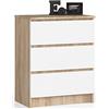 Home Collective Cassettiera con tre cassetti alta 77 cm e larga 60 cm, soggiorno, camera da letto, corridoio, armadio, credenza, credenza, molto spazio per riporre, sonoma bianco
