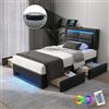 Wyibwy Letto imbottito 90 x 200 cm,letto singolo con connessione USB (supporta la ricarica wireless e via cavo)，Letto con illuminazione a LED e 4 cassetti portaoggetti, Materiale PU,Nero