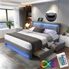 Autheria Letto Matrimoniale con Contenitore 140x190 cm con LED e USB (Supportato Senza Fili), Letto una piazza e mezza con 4 Cassetti e Testiera, Letto Contenitore con rete a doghe, Struttura Letto -Nero