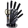Euronovità Set coltelli Neri EN-23438 in acciaio con ceppo espositore per conservare i coltelli puliti ed in sicurezza, 8 pezzi con lame antiaderenti