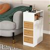 Chleby Comodino Stretto con Prese e Porte USB, Comodini Alto Tavolino con 3 Cassetto, Comodino Salvaspazio, per Camera da Letto, Soggiorno, 25x45x70cm, Bianco-marrone