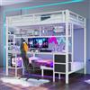 Wyibwy Letto a soppalco 140x200 e 90x200 con luminosa a LED e porta USB,metallo letto a castello matrimoniale con cassetti e scrivania,scontenitore,vani appendiabiti,per bambini,senza materasso,Bianco