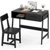 COSTWAY Set Tavolo e Sedia Bambini in Legno con Cassetto, Nero | Scrivania e Sedia in Legno Sicuro con Sedia Ergonomica per Sutdio, Cameretta e Scuola