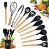 Lrocotanc Utensili Cucina Silicone Set - 22 Pezzi Set Mestoli Cucina Manico in Legno - Strumenti da Cucina Resistenti al Calore - Con 10 S Ganci (Nero)