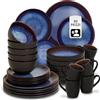 tectake® Set stoviglie 30 pezzi terracotta, servizio piatti 6 persone, set piatti moderni grandi, piccoli, fondi, ciotole, tazze, gres smaltato, design moderno, lavastoviglie microonde - Blu/Marrone