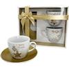 MA MAISON Linea Gold in Ceramica Set Regalo Natalizio - Tazze e Tazzine da Caffè - per Bevande Fredde e Calde Fantasia Oro e Bianca con Decori Natalizi