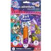 QwiToy 35159 Libro Gioco 3 in 1 Magiche Avventure, 3 attività, Libro da Colorare con Penna Magica Ricolorabile, Scenario Apribile con Adesivi, Scenario Pop-Up 3D con Adesivi Puffy