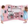 COSTWAY Set Gioco da Cucina per Bambini d'Angolo, Cucina Giocattolo in Legno con Macchina di Ghiaccio, Microonde, Lavatrice e Accessori, con Suoni e Luci, per Bambini 3-10 Anni (Rosa)