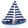 VIONNPPT 1:12 Miniatura casa delle bambole blu oceano barca di legno con conchiglia a rete di pesce, moda creativo vela modello decorazione, mini barca a vela Desktop o torta ornamento (C)