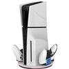 AARONMEI Supporto verticale per PS5 Slim/PS5 con stazione di ricarica a doppio controller con 7 modalità di illuminazione RGB (Bianco)