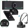 Gsou Webcam con cuffie e microfono, webcam 1080p con copertura per la privacy, webcam plug and play per computer desktop riunioni zoom, audio Bluetooth solo per cuffie